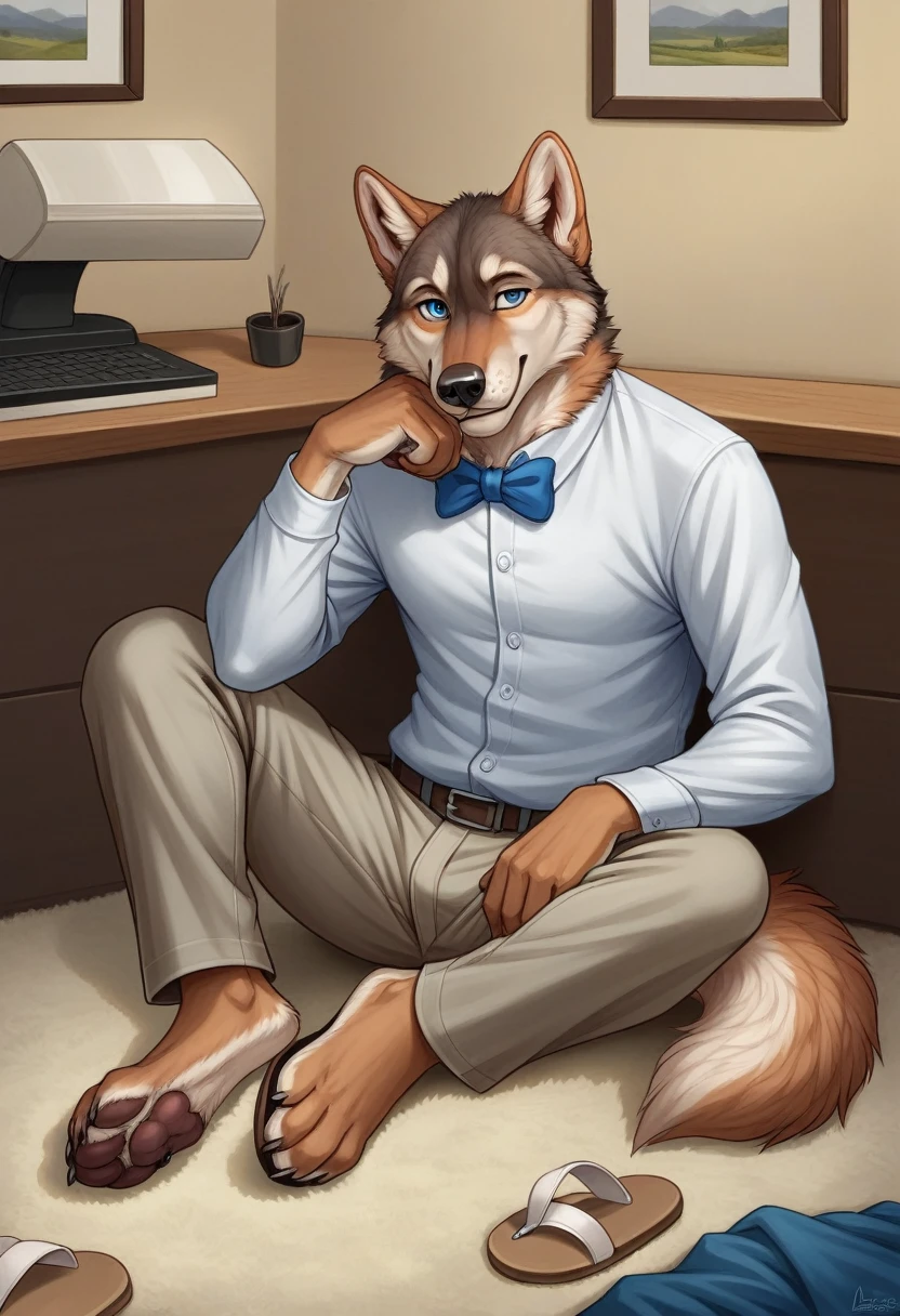 Larry (Zveropolis), wolf, gray fur, (brown body:1.3), beautiful blue eyes, Zveropolis, dressed,shirt,trousers, bow tie,slippers sandals,canine,wolf, Detailed fur, male, antro, paw pads, finger claws,layout plays,at viewer, 5 fingers, paws, 4 toes,Houses комната,
BREAK from nextel, for dating, by xenoforge, (difficult, high detail,digital photography, soft focus, RAW, close to the camera, smile, positive, good, mood, Houses, looks at the viewer, очень close to the camera, is sitting, computer plays,
Photorealism, realistic, photorealistic,digital style, Subsurface scattering,очень close to the camera
шедевр, Best quality, ultra realistic, 8 k)