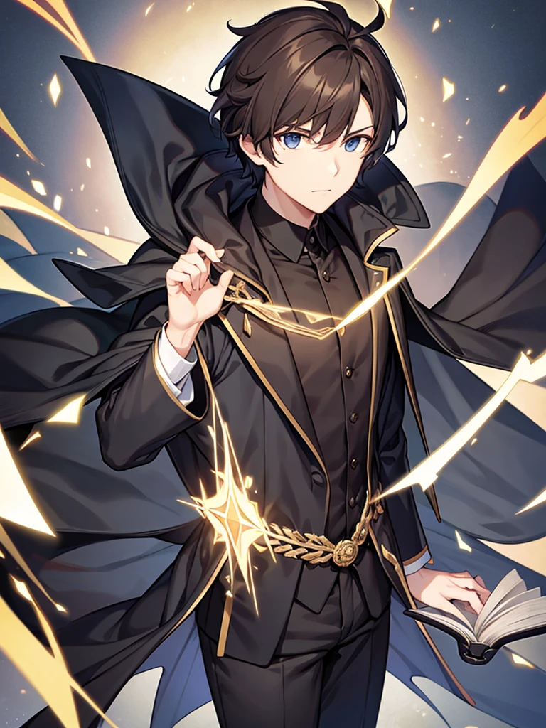 Wizard coat, Black Suit, trouser ,spell book, short hair, brown hair, male 