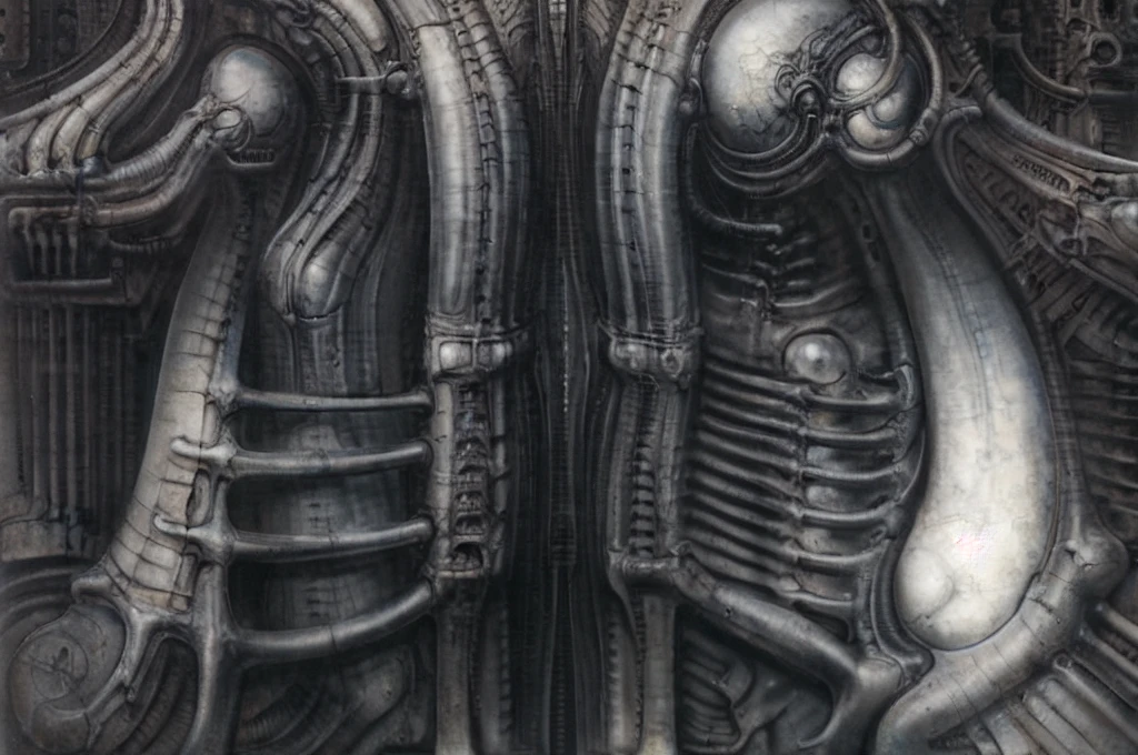 Giger_style, Create biomechanical tableau with some of the artistic techniques and compositional features used in /“The Tourist/” by H r (Hans Rudie) Giger:
The image is a surrealistic artwork featuring an alien robotics humanoid figures, each with a unique design, surrounded with pipes and gears, set against a background of intricate machinery
The central focus of the image is a nightmarish tableau of two biomechanical heads. They are connected by a network of pipes and tubes that appear to be either feeding them or draining them. The heads themselves are elongated and skeletal, with gaping maws. Their eyes are empty sockets, and their expressions are vacant and emotionless.
 Heads are humanoid but industrial and ivorysh, with pipes and wires integrated throughout their structure. One face appears to be screaming, the other has its mouth open like a maw. They are surrounded by various mechanical doodads and tubes, and blend seamlessly into the background of industrial machinery.The biomechanical heads could have represented some kind of alien creatures, or they could have been machines that had become sentient
Used Airbrushing is a technique for applying paint using a device that sprays a fine mist. It is often used to create smooth, even coats of paint, and it can be used to create very detailed effects. Giger's use of airbrushing in this image creates a hyperrealistic quality to the biomechanical landscape, making it appear even more alien and unsettling. It is also often used to create very smooth and even gradients of color.
The use of a dark palette with blacks, purplish browns, and grays creates a sense of mystery and dread. The dark colors obscure the details of the image, making it difficult for the viewer to see what they are looking at. This ambiguity adds to the unsettling nature of the work. The dark colors also help to emphasize the biomechanical elements in the painting.
The background features even more machinery, including pipes, gears, and cables. 