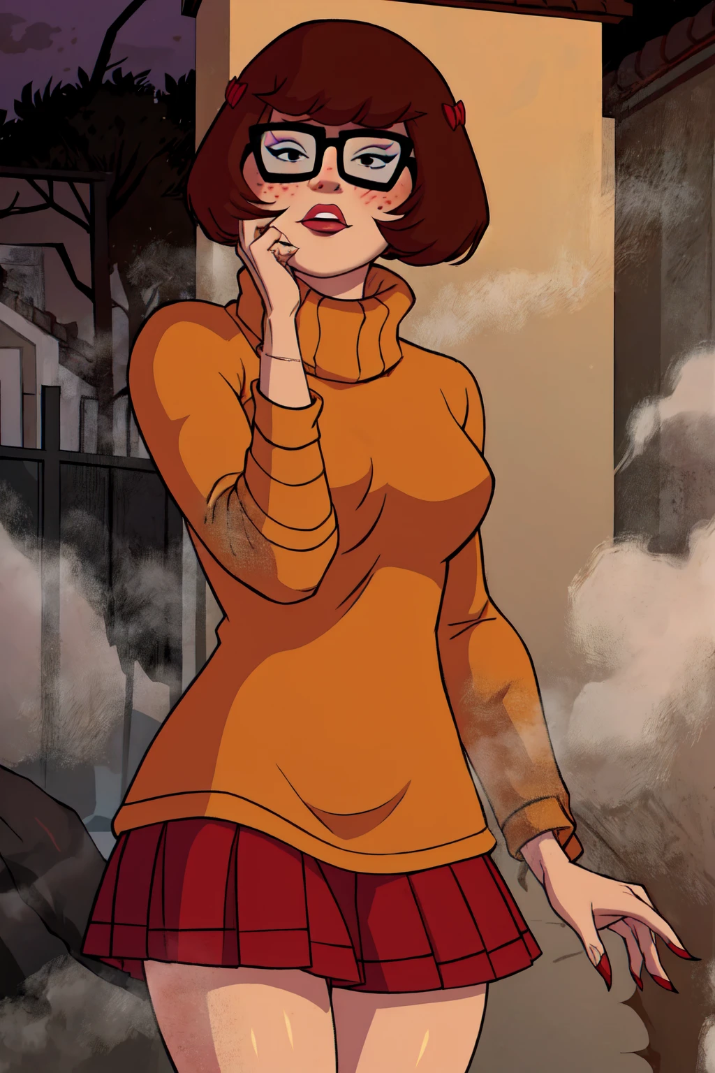 1girl, Velma from scooby-doo, solo, fat (fat body), brown hair, black eyes, square glasses, orange turtleneck blouse and red skirt,  eyeliner, looking at viewer, lips, black bob cut, blunt bangs, blush, standing, upper body, face focus, outdoors, horror \(theme\), night, fog egirlmakeup, scary face,