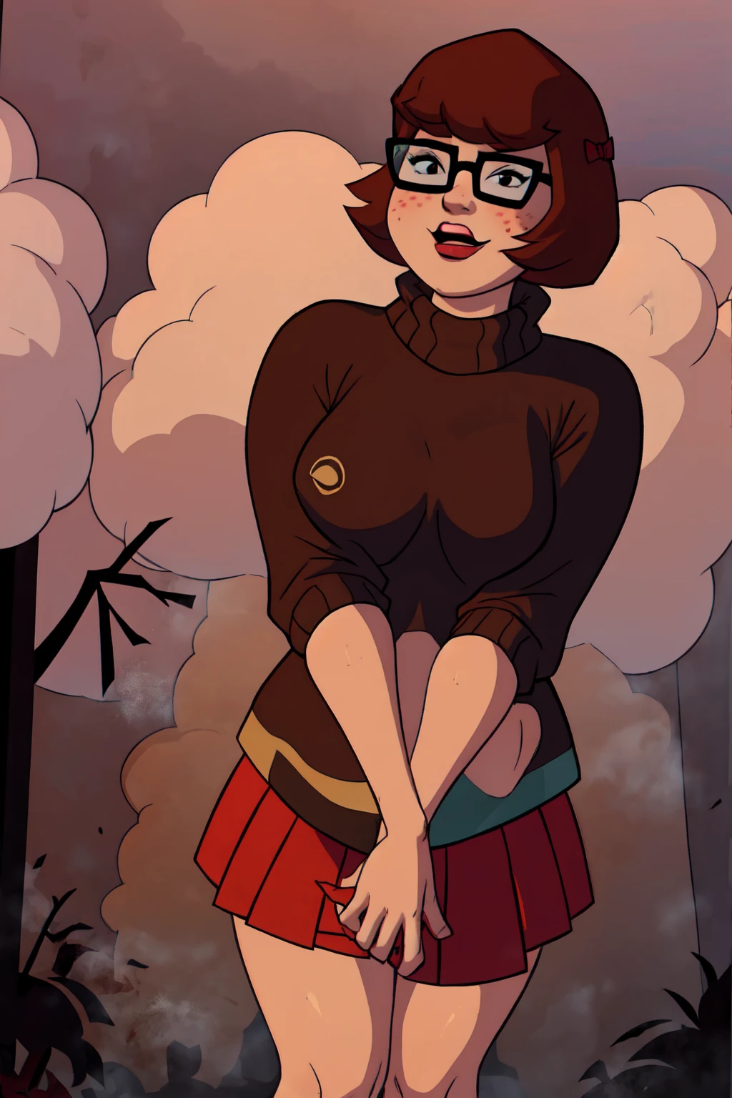 1girl, Velma from scooby-doo, solo, fat (fat body), brown hair, black eyes, square glasses, orange turtleneck blouse and red skirt,  eyeliner, looking at viewer, lips, black bob cut, blunt bangs, blush, standing, upper body, face focus, outdoors, horror \(theme\), night, fog egirlmakeup, scary face,