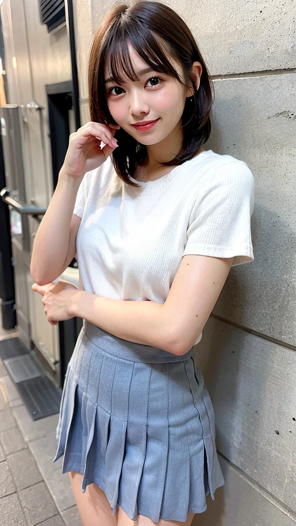 (Highest quality, 8K, 32k, masterpiece, Ultra-high resolution: 1.2), 1 Girl, Beautiful Japanese Woman, Narrow waist, (Lovely Face),, ((Neat and clean clothes), Natural clothes, 、color々With a wide variety of clothes、淡いcolorのブラウス, (Mimore length skirt), Elegance Casual), Age 25, Cinematic Light, (Biting pose: 1.2), (Smile at someone you like),Concrete wall、Silky Hair、short hair、Short Bob、Bob Hair、Loose and fluffy hair