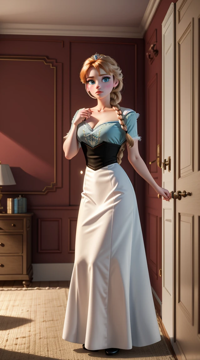 woman, ((​masterpiece, best quality)), Full body view, bursting ????????????, detailed skin, Anna from Frozen as a maid, Maid Clothes, Cleaning the living room,  muito detalhado, cinematic lighting, ultra realist, Blush, Viewers look at, Anna, Anna from movie Frozen.