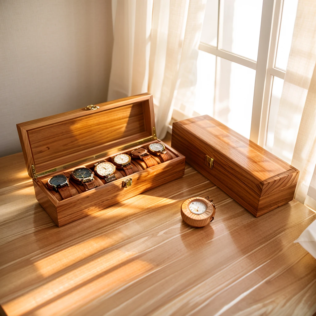 In this cozy room,A ray of sunlight shone through the half-drawn curtains on the table,Let the wood grain on the watch storage box shine with a faint luster。There was a calm and peaceful atmosphere in the air around them。There are several still lifes hanging on the walls of the room,It adds a touch of elegance to the space。And on the other side of the room,The half-open window lets in the breeze,The pages on the small desk by the window turned in the wind,This quiet scene gives a sense of tranquility and comfort。