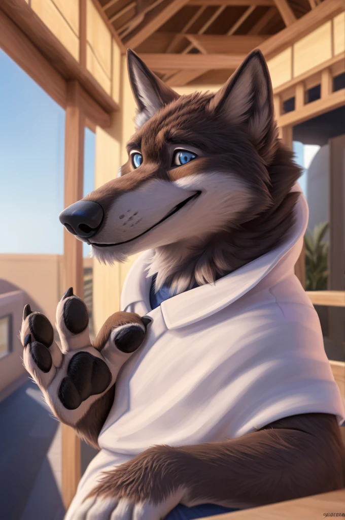 Larry (Dubai), wolf, gray fur, (brown body:1.3), beautiful blue eyes, Dubai, dressed, white hijab, белый головной убор Sheikhа,Arab, Sheikh,cape, canine,wolf, Detailed fur, male, antro, paw pads, finger claws, Plays,at viewer, 5 fingers, paws, 4 toes, walking around dubai, is sitting, 
BREAK from nextel, for dating, by xenoforge, (difficult, high detail,digital photography, soft focus, RAW, close to the camera, smile, positive, good, mood, Houses, looks at the viewer, очень close to the camera, in the shop,his wedding, дворец Sheikhа, 
Photorealism, realistic, photorealistic,digital style, Subsurface scattering,очень close to the camera
шедевр, Best quality, ultra realistic, 8 k)