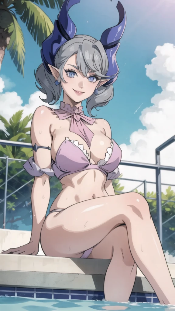 High level image quality best image quality 8K adult woman pool party rain palm trees more colors whole body view portrait bikini horn ears short hair((shortcut)(gray hair)(perm)(fluffy)) eye color is blue , , attractive evil face , smile , sexy pose , labrynth , barearm , wearing pink shirt , sitting on person by the pool , crossed legs , all wet , wet hair