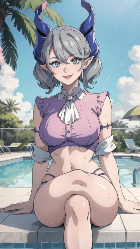 High level image quality best image quality 8K adult woman pool party rain palm trees more colors whole body view portrait bikini horn ears short hair((shortcut)(gray hair)(perm)(fluffy)) eye color is blue , , attractive evil face , smile , sexy pose , labrynth , barearm , wearing pink shirt , sitting on person by the pool , crossed legs , all wet , wet hair