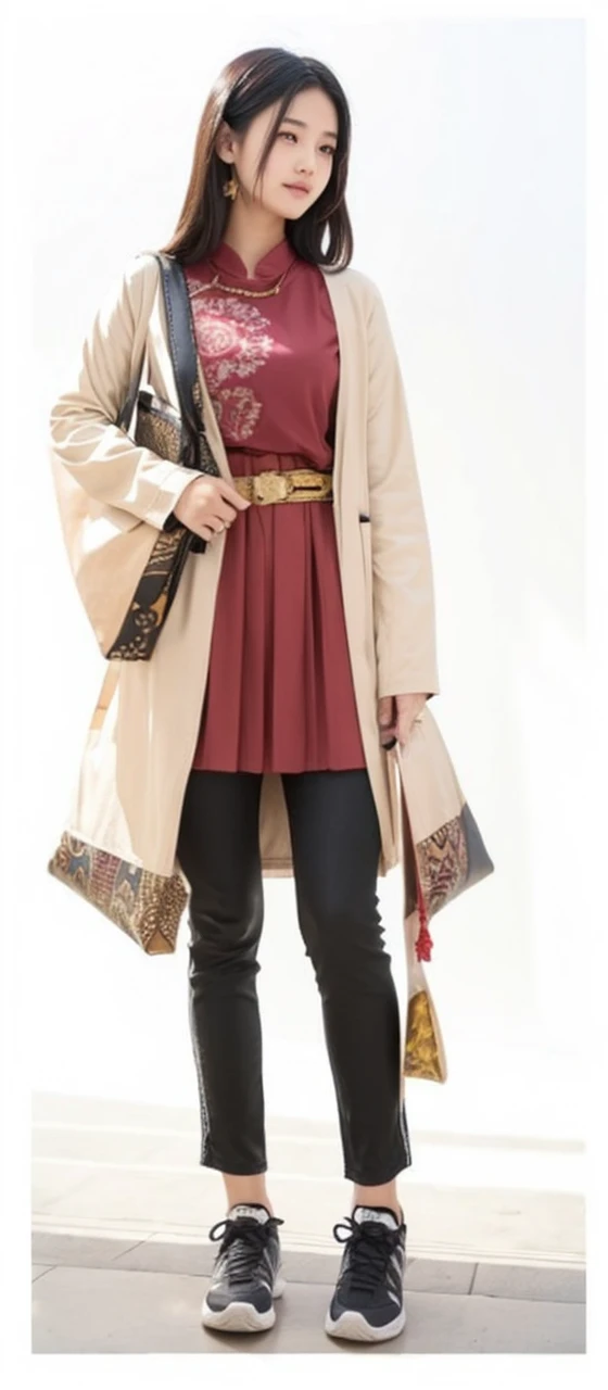 an Asian teenage girl wearing clothes with a batik ornament on her sneaker, tote bag, outer, inner and belt