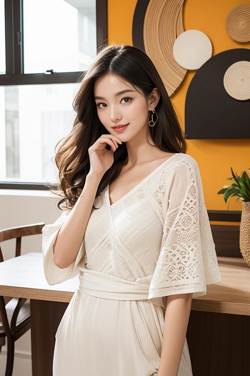 highest quality、4K、Perfect Face、Perfect Style、perfect body、Sunburn、beautiful lady、mature、long curly layer hair、Swept-back hair、full body, sexy 、charming、healthy、smile、
at modern interior design, geometric shapes, concentric circles, earthy shades of orange and brown, balanced and harmonious color scheme, evokes calmness and focus, abstract circular pattern, geometric overlap, clean edges, suitable for modern interior design, vibrant wall art,