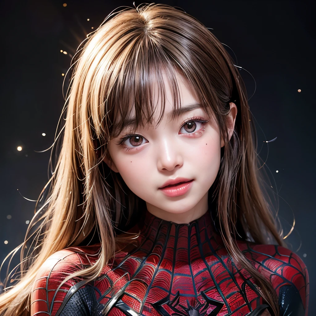 NSFW, 8k, High-level, absurd, masterpiece, best quality, primitive, very detailed CG, very detailed wallpaper, perfect lighting, Extremely detailed (((The personifying " Spiderman " as a Little Girl))), MysticSight, Tyndall effect, Tyndall scattering, Studio gray background with (many Dazzling RainbowColor particles BokeH:1.28), (RoundlyButts, ThighGap), (Exposed:0.4), (Assfocus with looking ahead), BREAK (NOGIZAKA face variations) Extremely Detailed very KAWAII face variations, perfect anatomy, Childish, captivating gaze, elaborate detailed Eyes with (sparkling highlights:1.28), long eyelashes、Glossy RED Lips with beautiful details, Coquettish tongue, Rosy cheeks, Radiant PearlSkin with clear transparency . { (Dynamic LifeLike expressions:1.4) | :d) }, (large eyes:-1) .