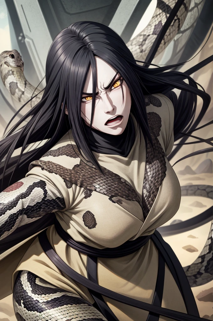 {-erro_de_anatomia:1.0} estilo anime, Masterpiece, absurdities, Orochimaru\(Naruto\), 1girl Solo, Mature woman, Oversized shirt with broad shoulders, Perfect composition, Detailed lips, large breasts, Beautiful face, body proportion, Blush, Long black hair, ( black hair), yellow eyes, Soft gauze, Super realistic, Detailed, photo shoot, Realistic faces and bodies, masterpiece, best quality, best (snake eyes) illustration, hyper detailed, 1 girl, solo, glamorous, blushing, whole body, angry face, on attack