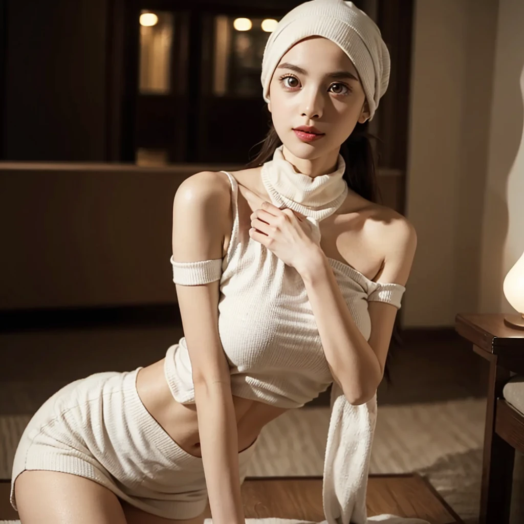 ((Realistic lighting, Best quality, 8K, Masterpiece: 1.3)), ((Clear focus:1.8)), 1 Pretty hijab girl, (Smile:0.7) BREAK (Perfect beauty, Super fine Beautiful face, Fine beautiful eyes Detail, Big drooping long-slitted eyes, Hyper detail eyes:1.4) BREAK ((Sloped shoulder, Narrow shoulders, Thin upper chest, Thin under the chest, Thin waist:1.5), (Taut Very huge breasts, Soft and well-shaped breasts:1.4)), Dark brown hijab, (exquisite Beautiful facial features) BREAK (White, Sleeveless Turtleneck Tight Knit:1.5, Knit short tight skirts) BREAK (indoor, Night, Random Posing, Random angle:1.3), in front of the entrance of a five-star hotel, Double eyelids, Open legs, ((Show thigh)),