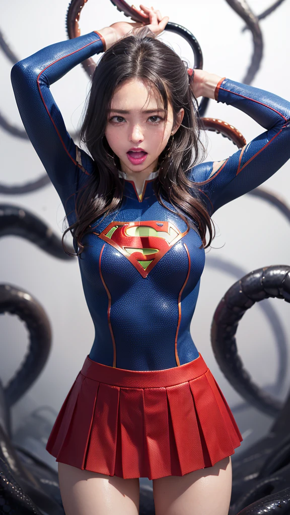 (8k、Highest quality、masterpiece:1.2)、(Realism、Photorealistic:1.37)、Ultra high definition、(Highest quality)、(masterpiece)、Supergirl trapped by tentacles、(Perfect fit body、Perfect fit、Perfect Thighs)、(((Wearing the Supergirl suit、skirt、Damaged、Torn、Thighs in Torn clothes、 Exposed arms)))、Long Hair、Long Hair、(((Tattered clothes、Too much exposure、Torn clothes、引き裂かれたskirt、ボロボロのskirt、White liquid all over the body、White liquid sticks to the body、 on the face、胸に白colorの液体、)))、(((The background is a prison、Hands clasped behind head、Surrounded by tentacles、The body is connected by many tentacles.、Hands bound by tentacles、The legs are tied with tentacles、Tentacles groping the whole body、color々Mature woman posing))),(Open your mouth、Scream、painでうめき声をあげる, painを感じ, Flowing Tears:1.5), pain, I'm in pain and crying、A meat stick is stuck in his crotch、