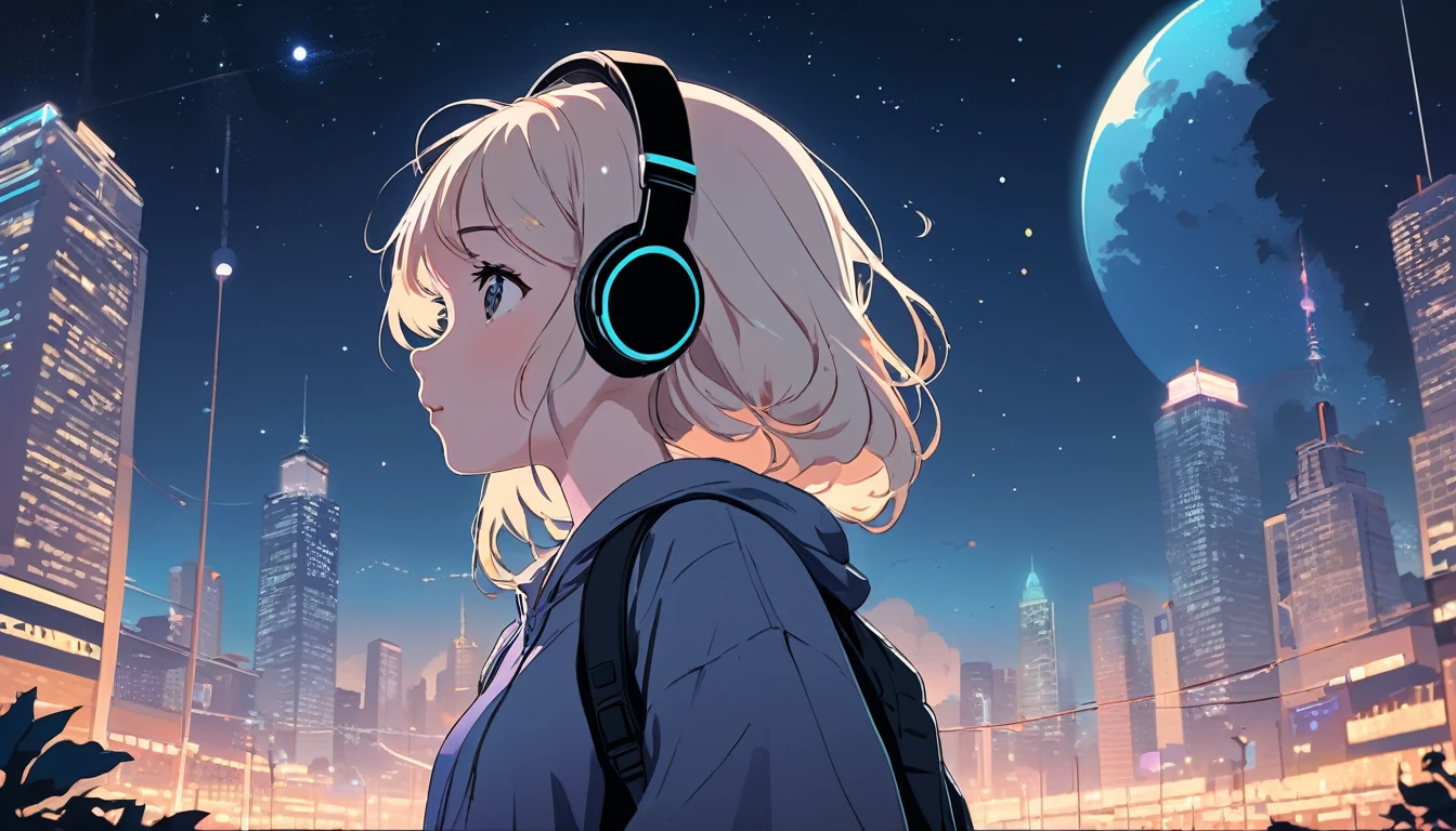 Girl wearing headphones and looking left,City of night, Wide-angle lens, Lofi Anime, Lofi illustration, Aesthetic atmosphere, Lo-Fi Style, Vector art, Flat Design, Simple shape, Warm tones, Pleasant atmosphere, Chill, In anime style, Digital drawing, Vector art, Vector logo for t-shirt printing, (Adorable:1.5), (small:1.4), (Playful:1.2), (soft:1.3), (Whimsical:1.1), masterpiece, Highest quality, 8K, Intricate details, grow, Celestial, Mysterious, Picturesque, amazing, Majestic, Magic, Fantasy art, Cover art, dream-like