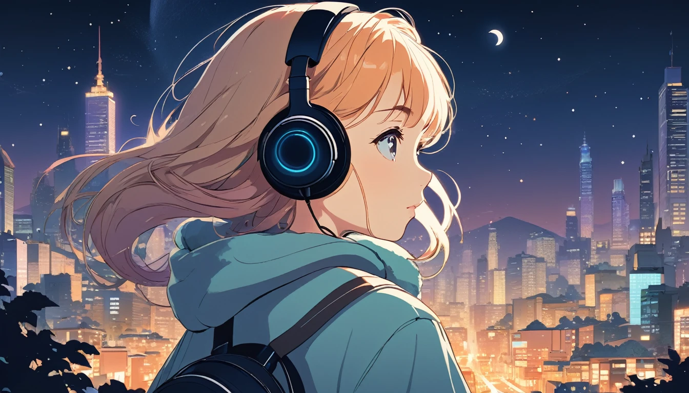 Girl wearing headphones and looking left,City of night, Wide-angle lens, Lofi Anime, Lofi illustration, Aesthetic atmosphere, Lo-Fi Style, Vector art, Flat Design, Simple shape, Warm tones, Pleasant atmosphere, Chill, In anime style, Digital drawing, Vector art, Vector logo for t-shirt printing, (Adorable:1.5), (small:1.4), (Playful:1.2), (soft:1.3), (Whimsical:1.1), masterpiece, Highest quality, 8K, Intricate details, grow, Celestial, Mysterious, Picturesque, amazing, Majestic, Magic, Fantasy art, Cover art, dream-like