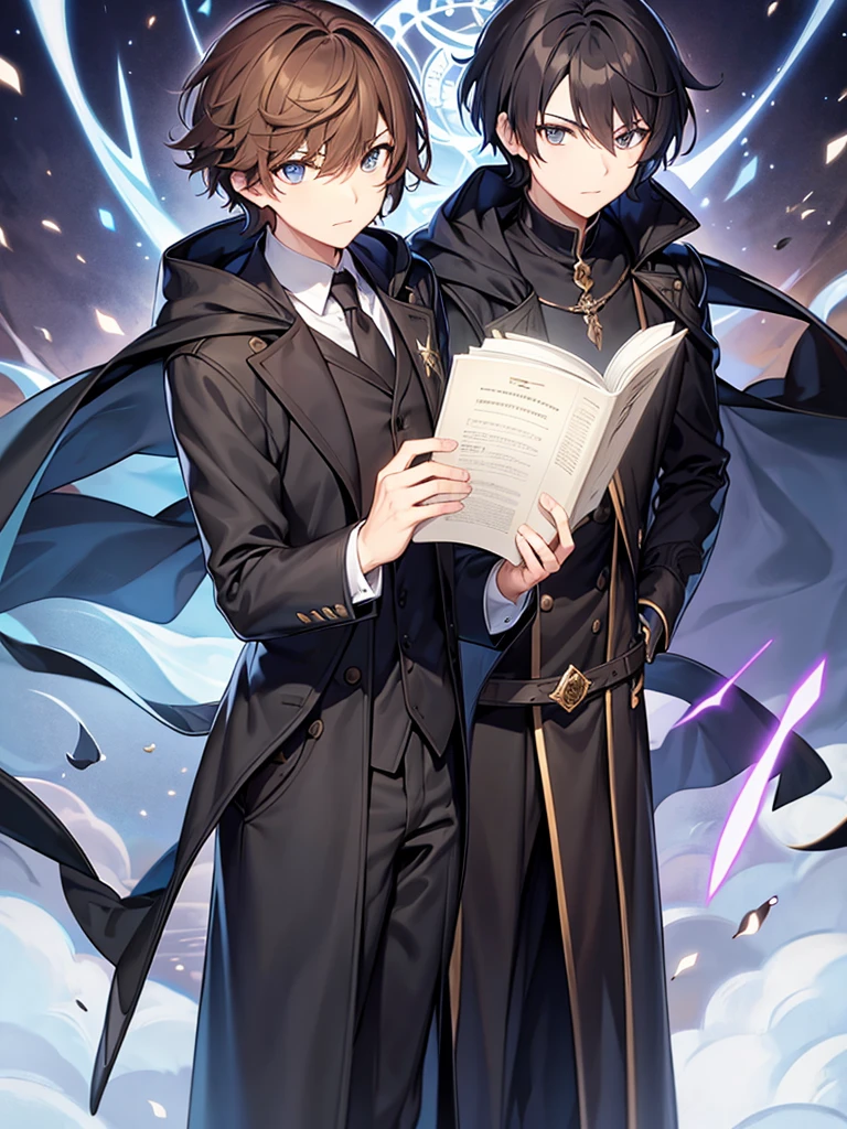 Wizard coat, Black Suit, trouser ,spell book, short hair, brown hair, male