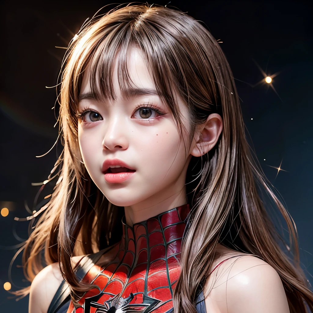 NSFW, 8k, High-level, absurd, masterpiece, best quality, primitive, very detailed CG, very detailed wallpaper, perfect lighting, Extremely detailed (((The personifying " Spiderman " as a ))), MysticSight, Tyndall effect, Tyndall scattering,dio gray background with (many Dazzling RainbowColor particles BokeH:1.28), (RoundlyButts, ThighGap), (Exposed:0.4), (Assfocus with ling ahead), BREAK (NOGIZAKA face variations) Extremely Detailed very KAWAII face variations, perfect anatomy, Childish, captivataze, elaborate detailed Eyes with (sparkling highlights:1.28), long eyelashes、Glossy RED Lips with beautiful details, Coquettish tongue, Rosyeeks, Radiant PearlSkin with clear transparency . { (Dynamic LifeLike expressions:1.4) | :d) }, (large eyes:-1) .