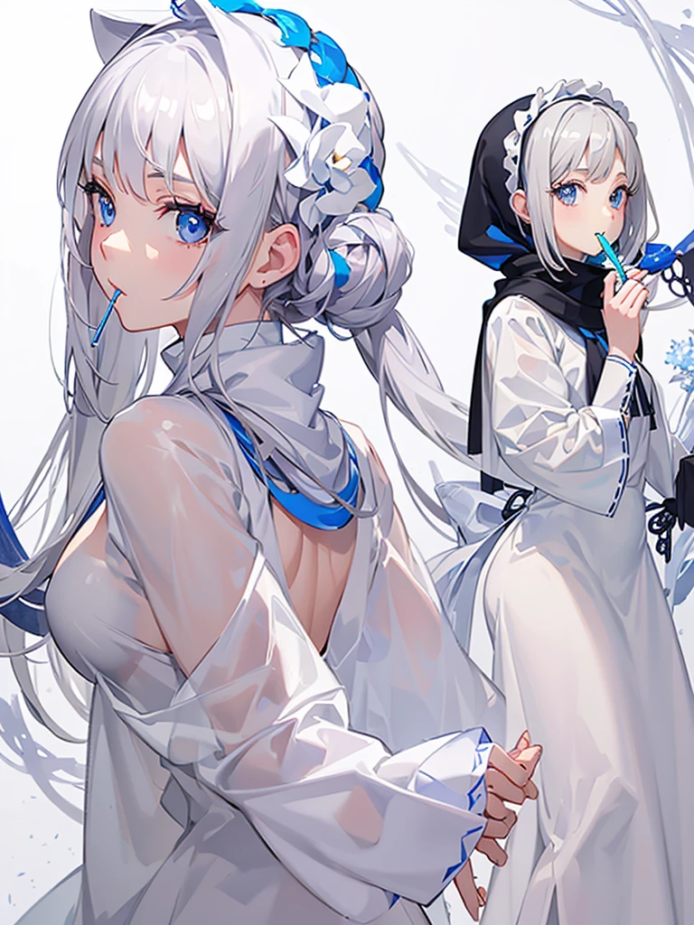 Silver haired girl with big , posing for a picture, doggy style, 4k, from side view, white closed dress, blue eyes, perfect fingers,two hand, perfect eyes, seductive anime girl, using hijab scarf, veiled, hand job, penis on mouth