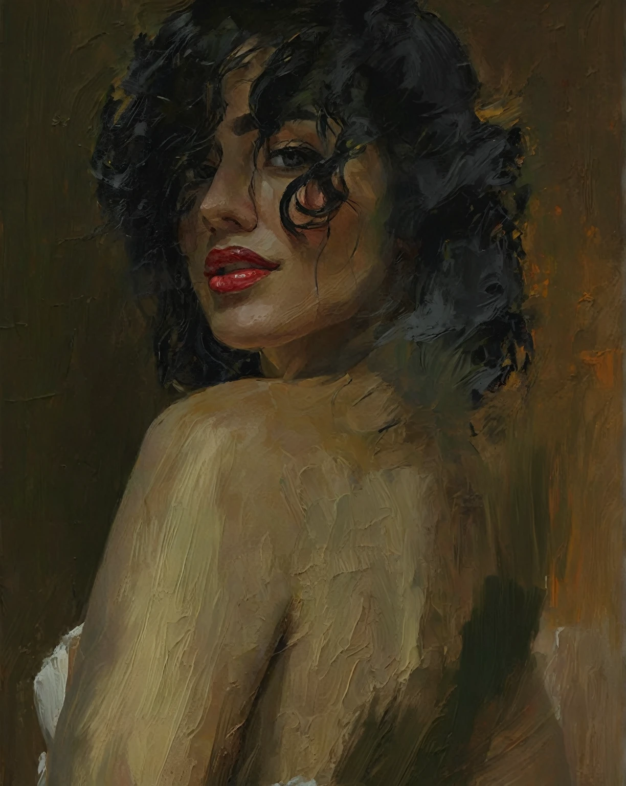 painting of a woman with a naked torso, with black hair and a white dress, digital oil painting, in an oil painting style, digital oil on canvas, painted in high resolution, digital expressive oil painting, digital oil painting, sensual digital painting, in the style of a paintingl óleo, pintura al óleo del arte digital, Inspirado por Willem Kalf, pintado digitalmente, inspirado por William Etty