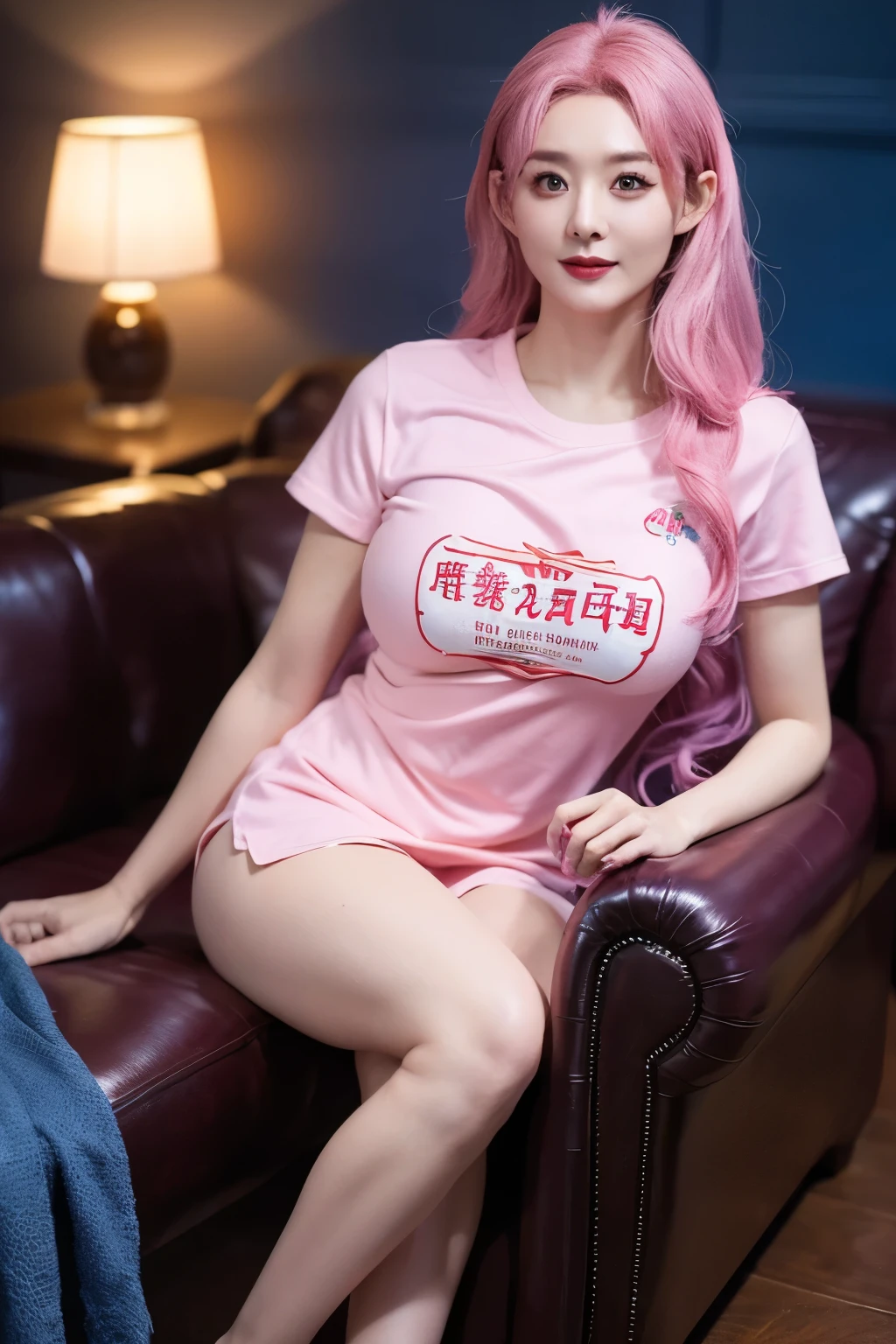 ((midnight, need, 8K, masterpiece:1.3)), Full body female, Leg length, focus:1.2, Beautiful woman with perfect body:1.4, Lean abdominal muscles:1.1, ((Pink Hair, Large Breasts:1.3 )),Cleavage and NSFW, （Lovely）(White tight T-shirt, Denim straps, Sitting on the sofa), ((City night scene, roof:1.3)), Double tail，Blue Hair，Red Eyes，Highly detailed face and skin texture, Delicateeyes, Double eyelids，actor 👀 :8，Japanese Goddess, Skin is hydrated and radiant!!,Realistic perfect body