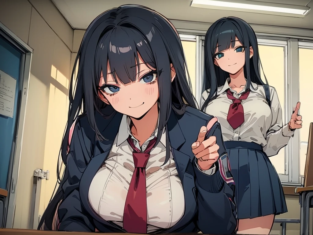 high school student、Women、School classroom、(Big Breasts)、smirk、curvy、(((1 girl)))、from below