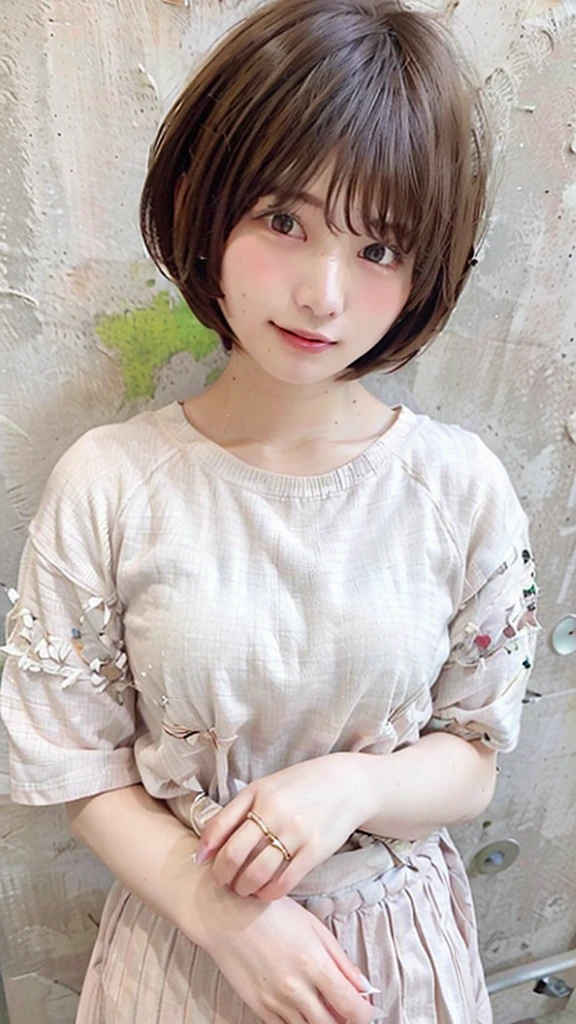 (Highest quality, 8K, 32k, masterpiece, Ultra-high resolution: 1.2), 1 Girl, Beautiful Japanese Woman, Narrow waist, (Lovely Face),, ((Neat and clean clothes), Natural clothes, 、color々With a wide variety of clothes、淡いcolorのブラウス, (Mimore length skirt), Elegance Casual), Age 25, Cinematic Light, (Biting pose: 1.2), (Smile at someone you like),Concrete wall、Silky Hair、short hair、Short Bob、Bob Hair、Loose and fluffy hair