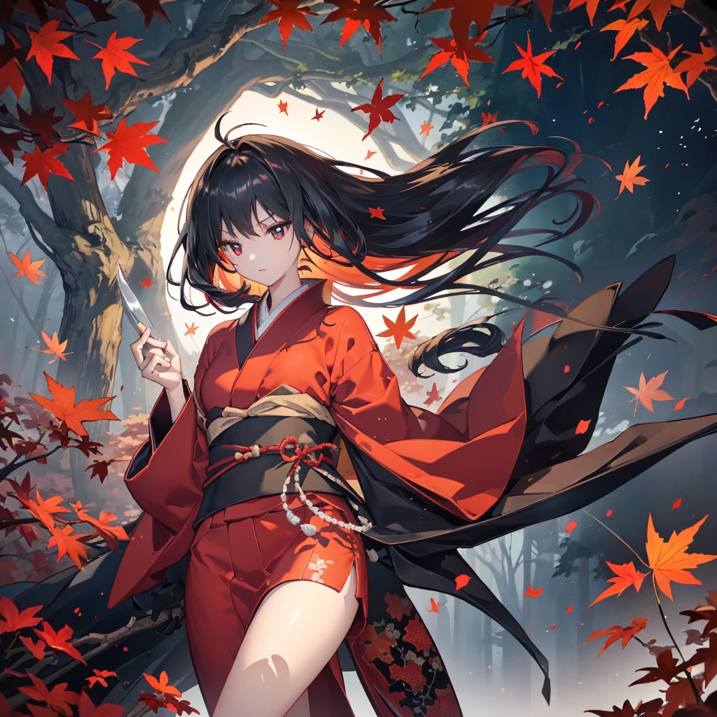 ((blackい髪　Long Hair　black　One person　Lonely　Red Flag　胸開きのkimono))　((night　Japanese style　old　Shining Aura))　(Shining Japan sword　Hold the sword with your right hand　Hold the sheath in your left hand　Pull it out as it is)　moon　star　Draw your sword　Slashing　Catch the wind　printing　A tense face　kimono　Red shiny edges　Reflection of the sword　water surface　autumn　Maple　Red butterfly　in the forest　Emitting an aura　Look Around