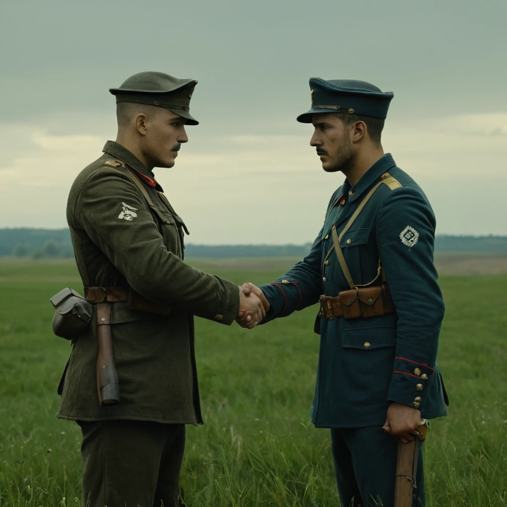 Ultra HD, 4K, ultra detalhado, cinematic, a photograph of  two men in militares uniforms shaking hands in a field batalhafield ww1 style,tem,arma,foco masculino,ao ar livre,Soldier with sweating face realism, war, world war ii, airplanes themselves.
Thematic.
Landscape.
Photo, realism.
War.
Details on the character's face.
