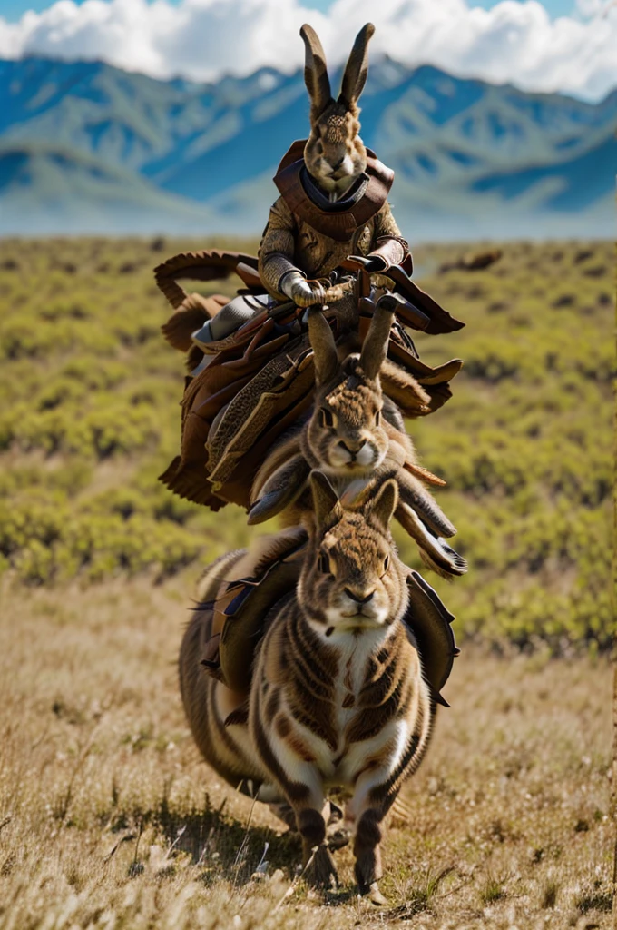 an anthropomorphic gray and brown rabbit dressed in leather skins riding a wildmount Unnamed Raptor in a field, masterpiece, best, ((photo realistic rabbit riding a raptor)), raptor being ridden by an anthro rabbit