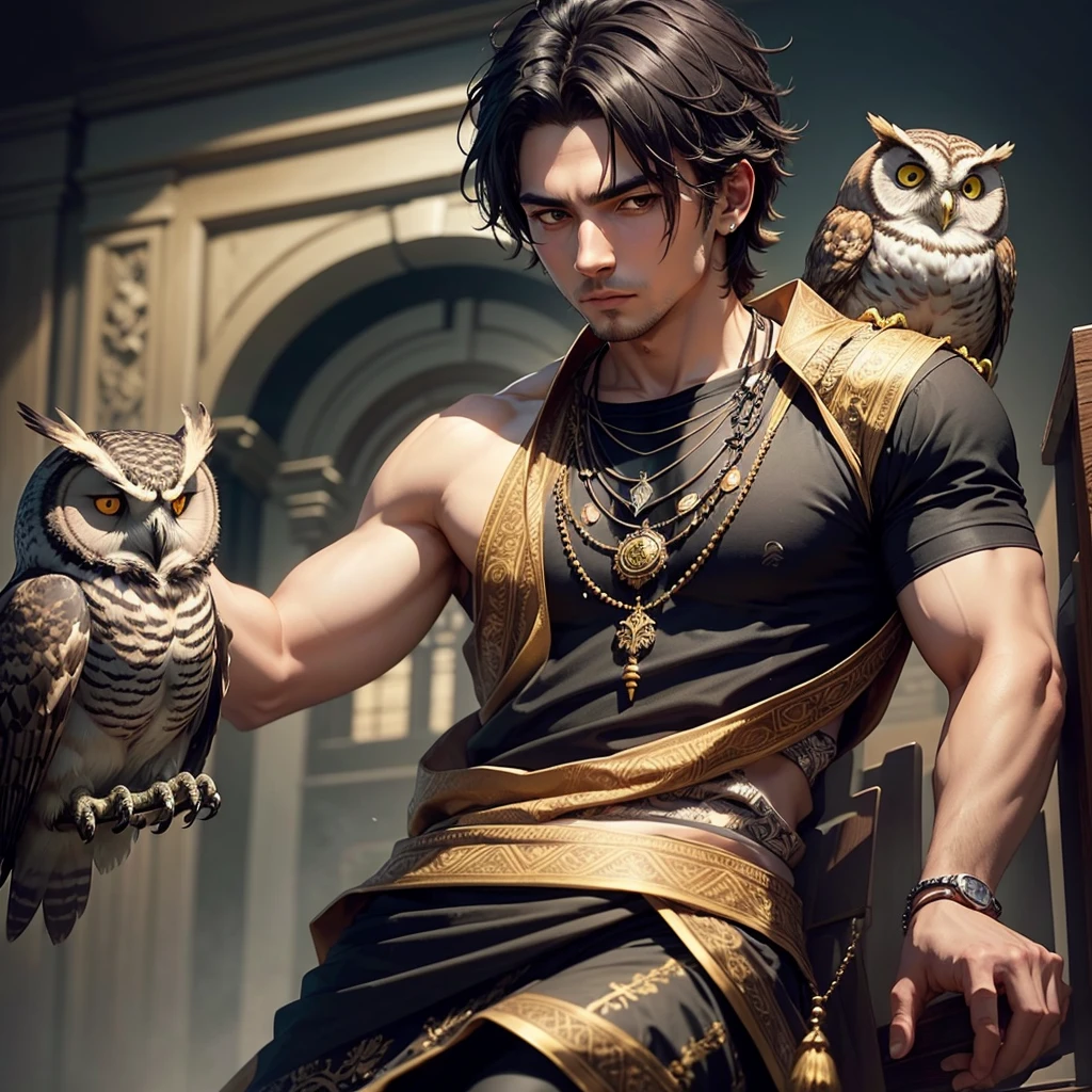 can you generate an image of guy wearing a attire with an owl in his shoulder then make him black and put a necklace with name Achi then put his background in library