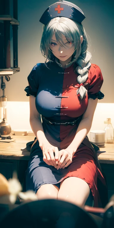 (masterpiece, best quality:1.3), (face focus:1.3), Yagokoro Eirin, Touhou Series, perfect face, expressive eyes, 1woman, looking at viewer, 38 years old, gorgeous body, big , beautiful, anime, lora,1woman, silver hair, braid hair, nurse cap, red and blue clothes, long skirt, (evil look, looking down on viewer:1.5), (cinematic lighting, realistic, dream-like, enchanting atmosphere:1.5), (photo of a woman in her dark and mysterious environment:1.3), (the woman surrounded by an aura of mystery and intrigue:1.3), (a dark and mysterious laboratory decorated with many flasks, each filled with colorful liquids:1.5), (a crystal ball nearby, adding to the mystical setting:1.3), (a hint of incense in the air, adding to the sensory experience:1.3), 