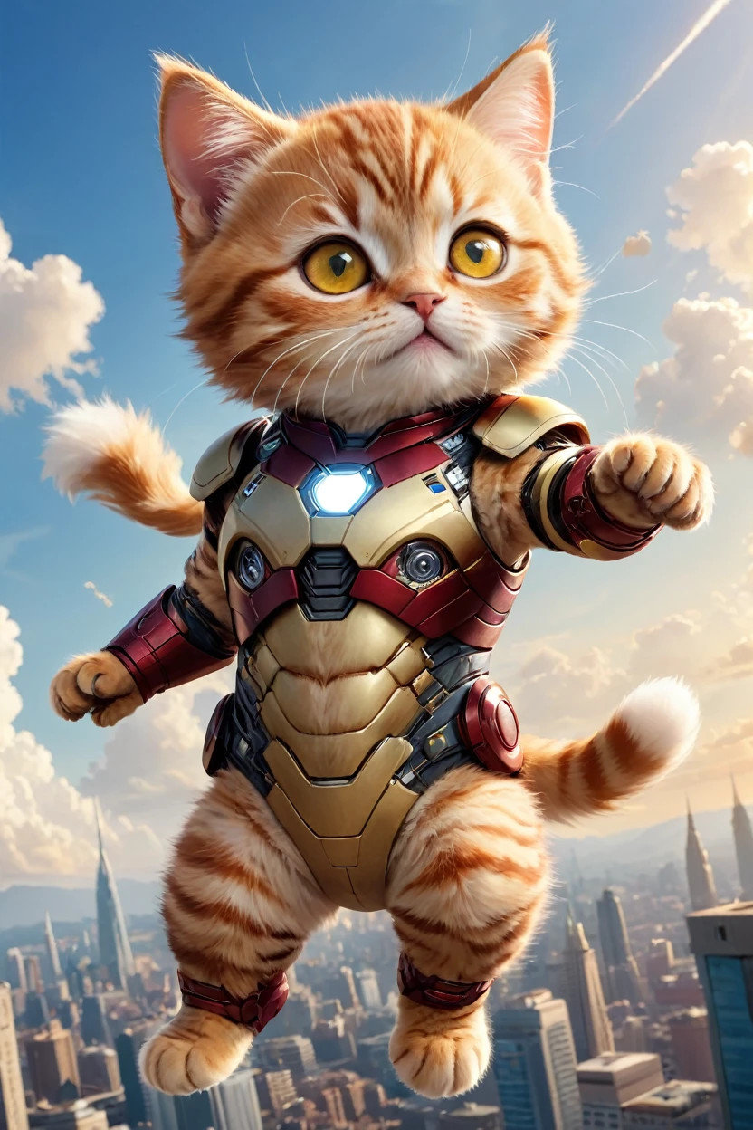 small, There are no humans in this world、The world of anthropomorphized cats、Wearing an Iron Man suit、Flying in the sky、かわいいbornき物全身, Costumes,、 Fantasy art, Exquisite detail, An anthropomorphic, fat, furry tabby kitten with yellow eyes, Movie Scenes, Dramatic shot angles, , Realistic, born々Amazing cinematic photorealism, Action Portrait, 8K, detailed, Full Frame