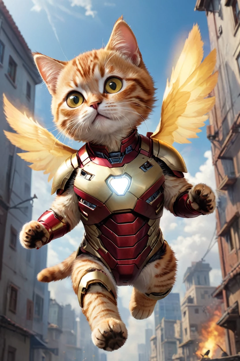small, There are no humans in this world、The world of anthropomorphized cats、Wearing an Iron Man suit、Flying in the sky、かわいいbornき物全身, Costumes,、 Fantasy art, Exquisite detail, An anthropomorphic, fat, furry tabby kitten with yellow eyes, Movie Scenes, Dramatic shot angles, , Realistic, born々Amazing cinematic photorealism, Action Portrait, 8K, detailed, Full Frame