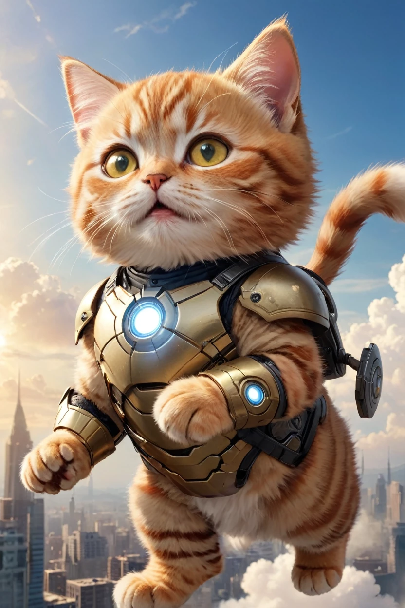 small, There are no humans in this world、The world of anthropomorphized cats、Wearing an Iron Man suit、Flying in the sky、かわいいbornき物全身, Costumes,、 Fantasy art, Exquisite detail, An anthropomorphic, fat, furry tabby kitten with yellow eyes, Movie Scenes, Dramatic shot angles, , Realistic, born々Amazing cinematic photorealism, Action Portrait, 8K, detailed, Full Frame