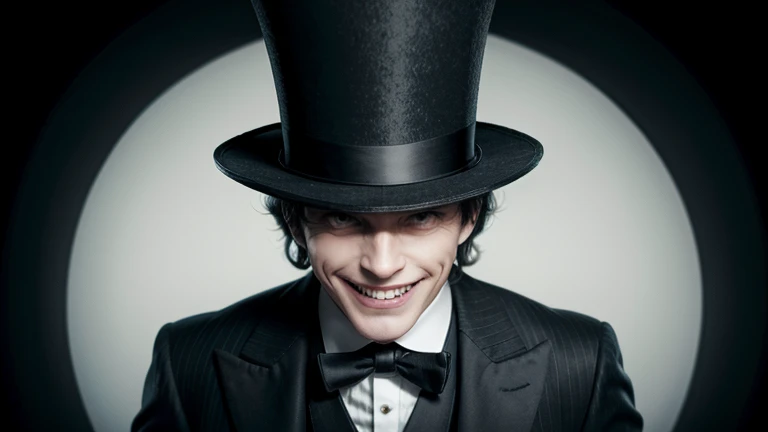 keep him in the suit and with the top hat on his head and put on an evil smile 