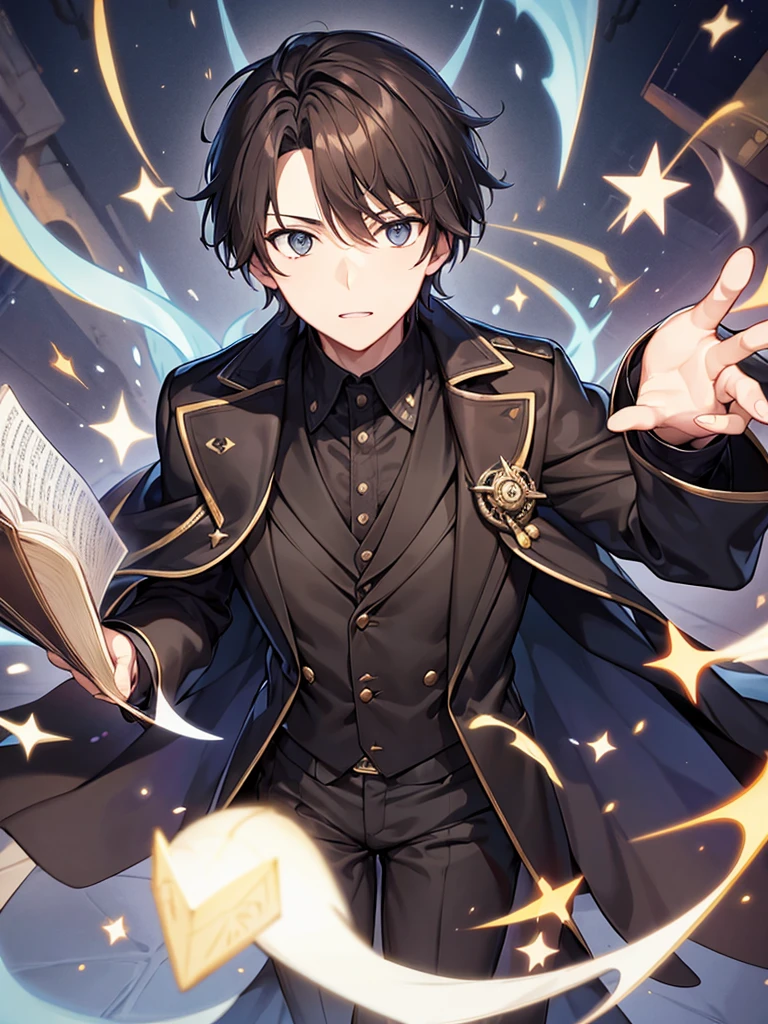 Wizard coat, Black Suit, trouser ,spell book, short hair, brown hair, male 