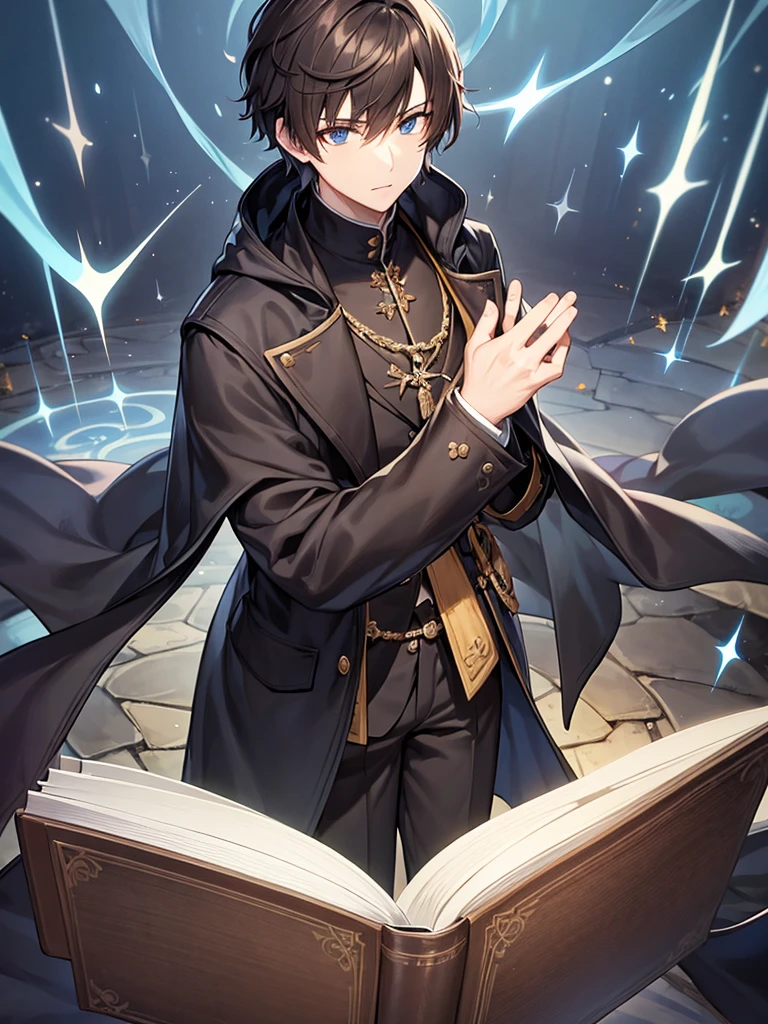 Wizard coat, Black Suit, trouser ,spell book, short hair, brown hair, male 