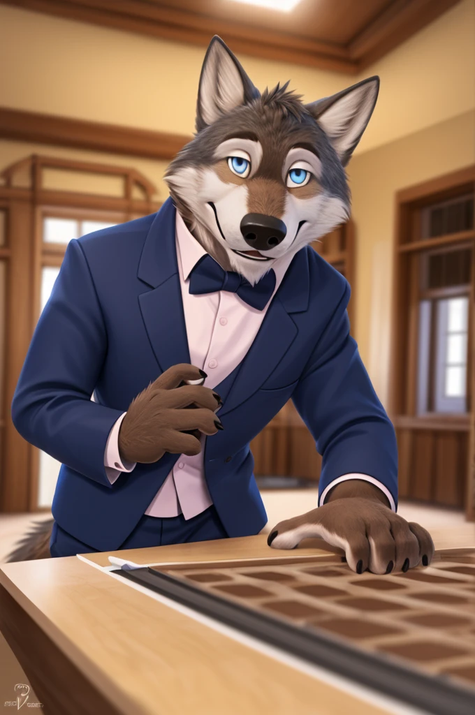 Larry (Zveropolis), wolf, gray fur, (brown body:1.3), beautiful blue eyes, Zveropolis, dressed,blazer,pink shirt,trousers,bow tie, canine,wolf, Detailed fur, male, antro, paw pads, finger claws,одевает bow tie, Plays,at viewer, 5 fingers, paws, 4 toes, in the marriage palace, groom,ring on a finger,
BREAK from nextel, for dating, by xenoforge, (difficult, high detail,digital photography, soft focus, RAW, close to the camera, smile, positive, good, mood, Houses, looks at the viewer, очень close to the camera, in the shop,his wedding, wedding palace combination,
Photorealism, realistic, photorealistic,digital style, Subsurface scattering,очень close to the camera
шедевр, Best quality, ultra realistic, 8 k)