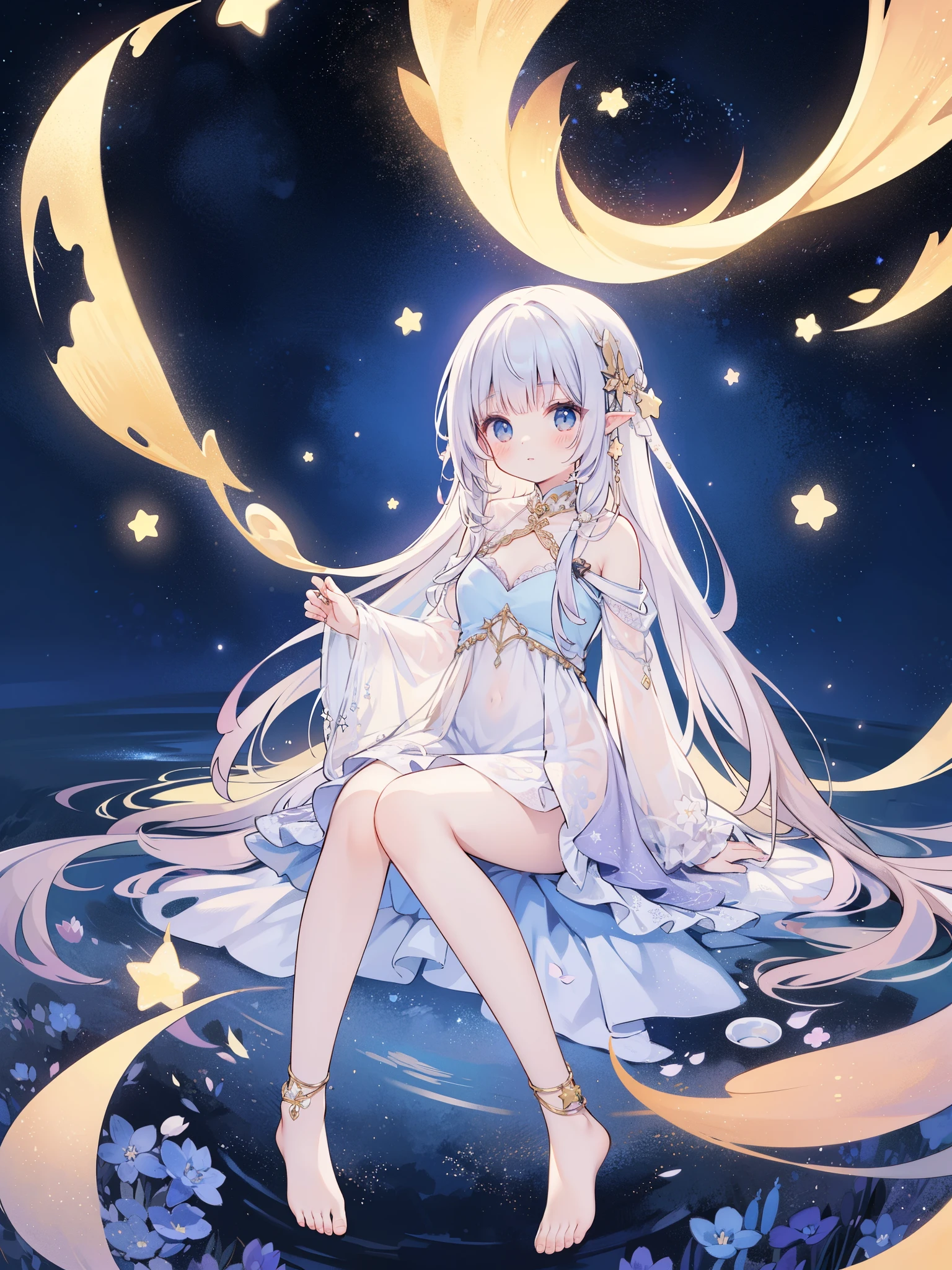 complex background, wishing star background, a woman wearing an ethereal magical dress that reflects the stars, dreamy, peaceful, serene composition, glowing stars, glowing, mystic, complex drawing, highly detailed, ethereal, starry night, midjourney style