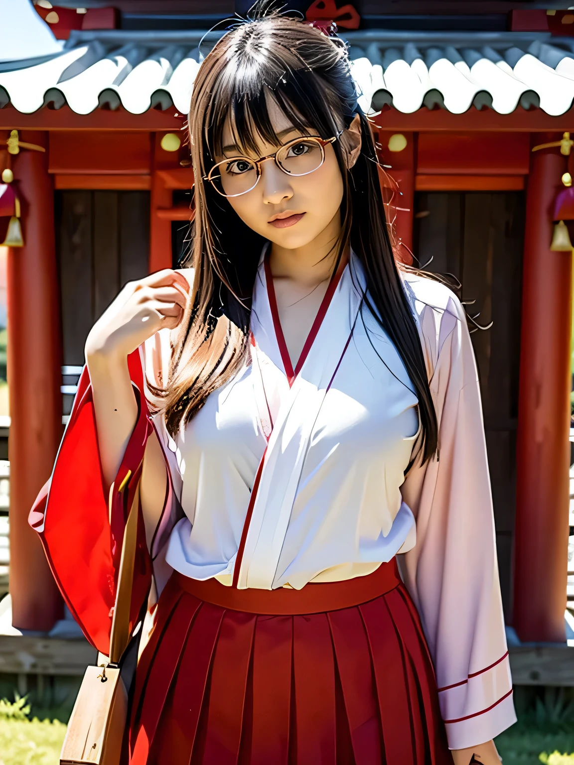 shrine maiden、Crimson too、Shrine maiden attire、ceremony、shrine、within the territory、Long Hair、beautiful girl、Clear Skin、Oracle、The chest is slightly open、cowboy shot,shrine maiden outfit,red skirt,Glasses、
