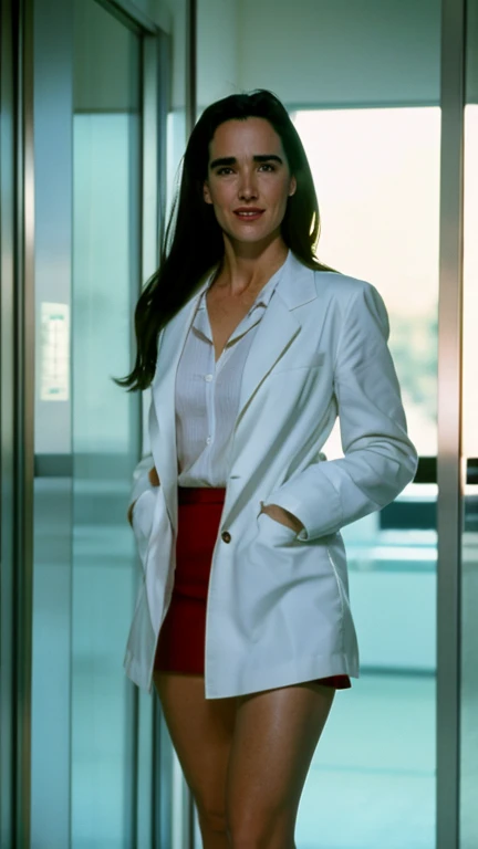 Jennifer Connelly dressed as a sexy biologist with a sexy smile.