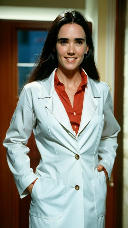 Jennifer Connelly dressed as a sexy biologist with a sexy smile.