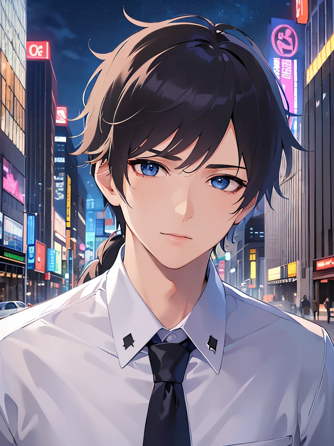 Detailed CG,Ultra-fine illustrations,masterpiece,Highest quality,Shiny skin,BREAK(26-year-old male:1.5)BREAK,(Black Short Hair)and(blue eyes),(suit:1.5)and(white collared shirt)and(Blue tie),(Questioning face:1.3),(head tilt),The background is the city at night