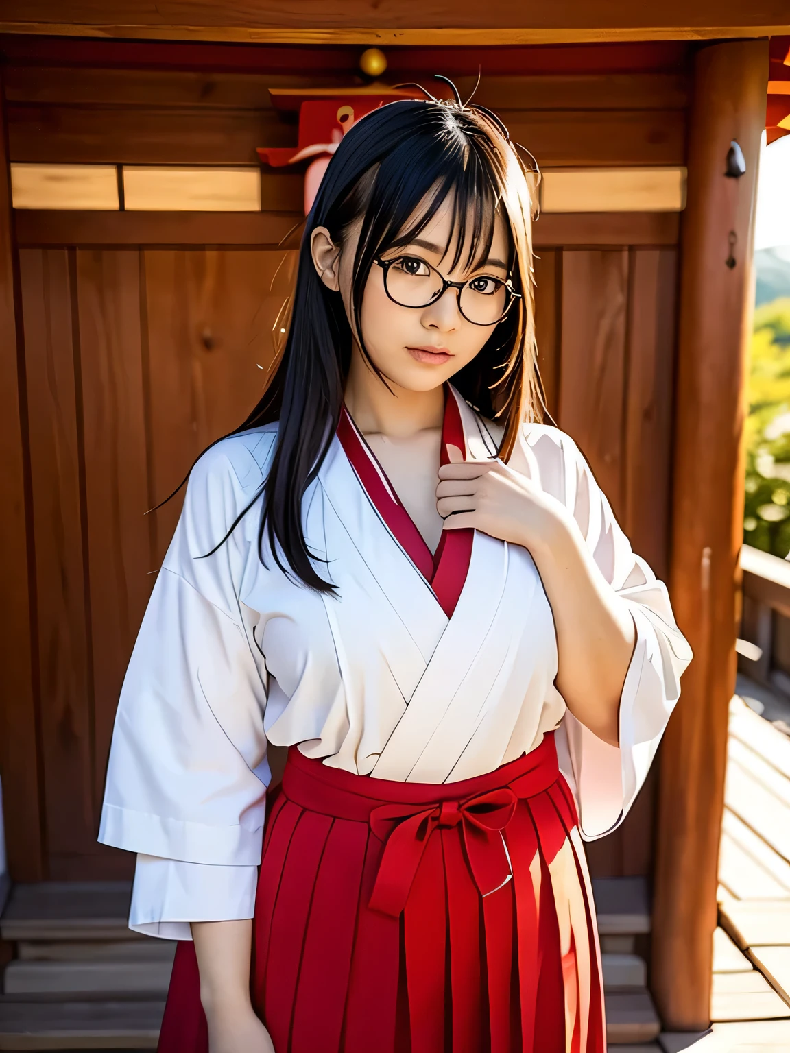 shrine maiden、Crimson too、Shrine maiden attire、ceremony、shrine、within the territory、Long Hair、beautiful girl、Clear Skin、Oracle、The chest is slightly open、cowboy shot,shrine maiden outfit,red skirt,Glasses、