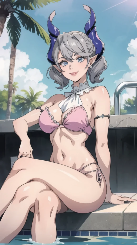High level image quality best image quality 8K adult woman pool party rain palm trees more colors whole body view portrait bikini horn ears short hair((shortcut)(gray hair)(perm)(fluffy)) eye color is blue , , attractive evil face , smile , sexy pose , labrynth , barearm , wearing pink shirt , sitting on person by the pool , crossed legs , all wet , view foot arc