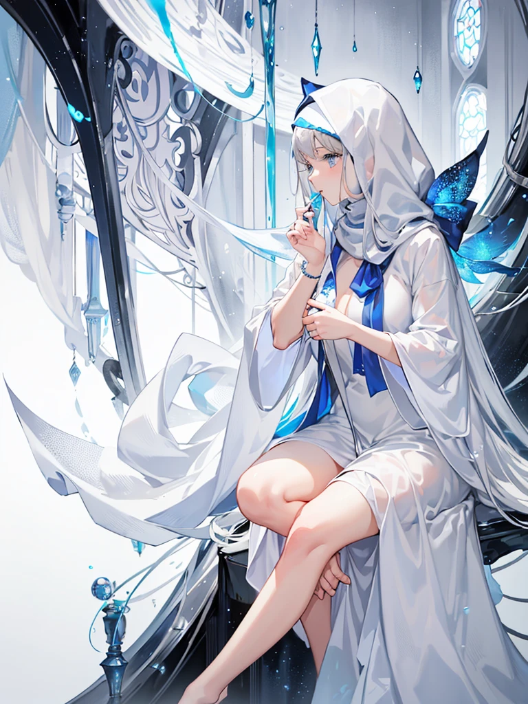 Silver haired girl with big , posing for a picture, sitting, 4k, from side view, white closed dress, blue eyes, perfect fingers,two hand, perfect eyes, seductive anime girl, using hijab scarf, veiled, ????????, ????? in mouth, 1girl, 1?????