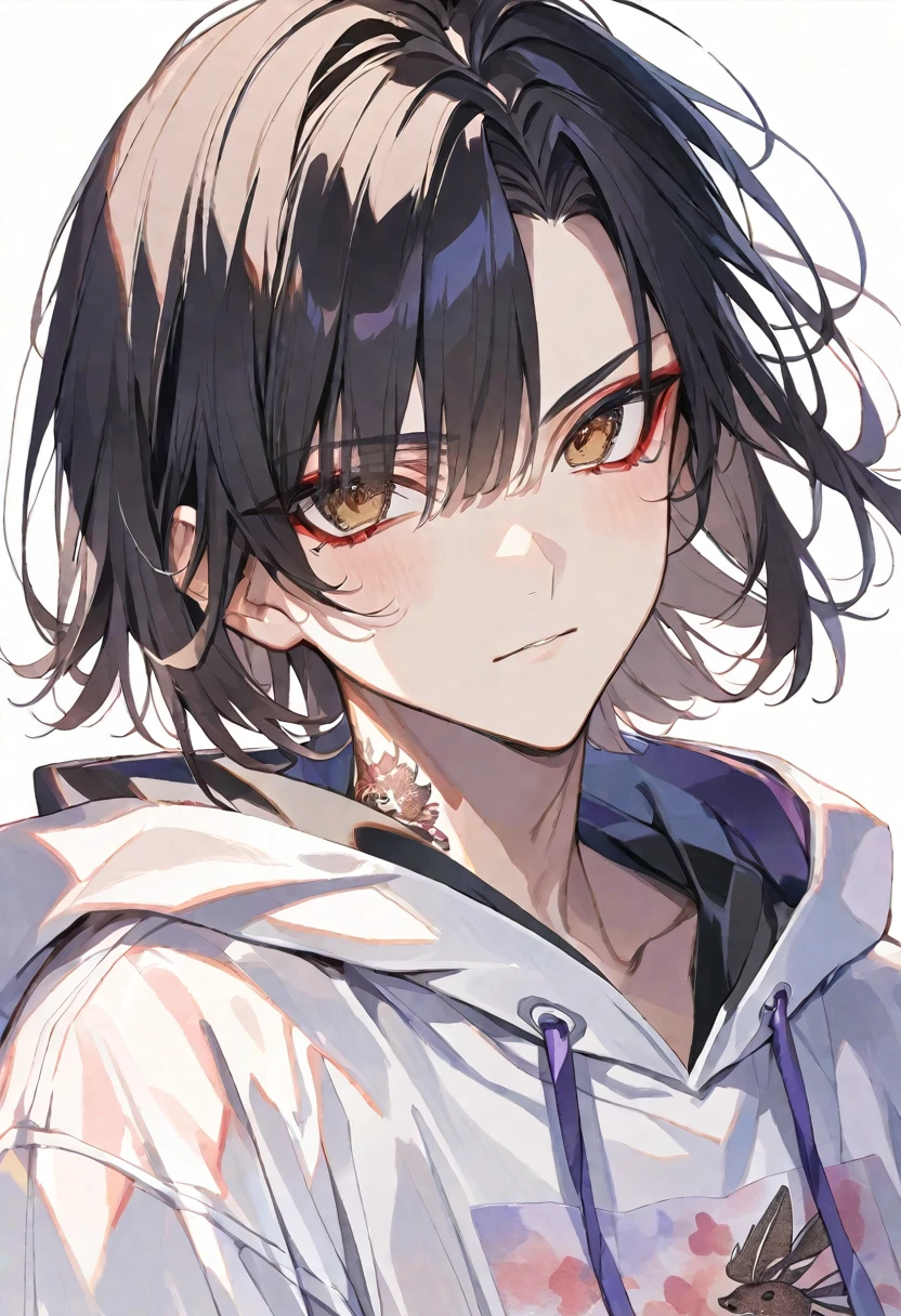 独奏, handsome, Watercolor,
1. male,
hime cut,Straight Hair,short Hair,
black hair,
brown Eyes,Soft look,Gojo Satoru,
White hoodie,
skin,Rabbit tattoo,
White background,