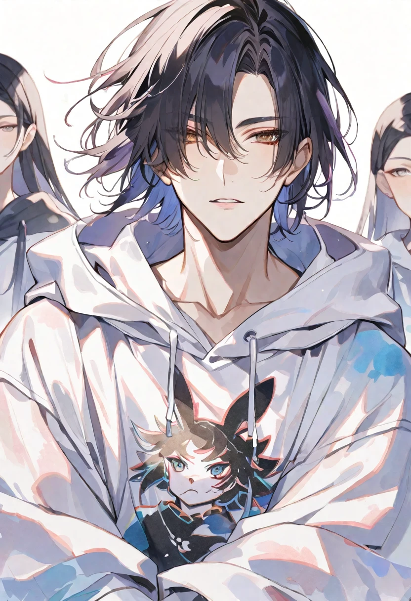 独奏, handsome, Watercolor,
1. male,
hime cut,Straight Hair,short Hair,
black hair,
brown Eyes,Soft look,Gojo Satoru,
White hoodie,
skin,Rabbit tattoo,
White background,