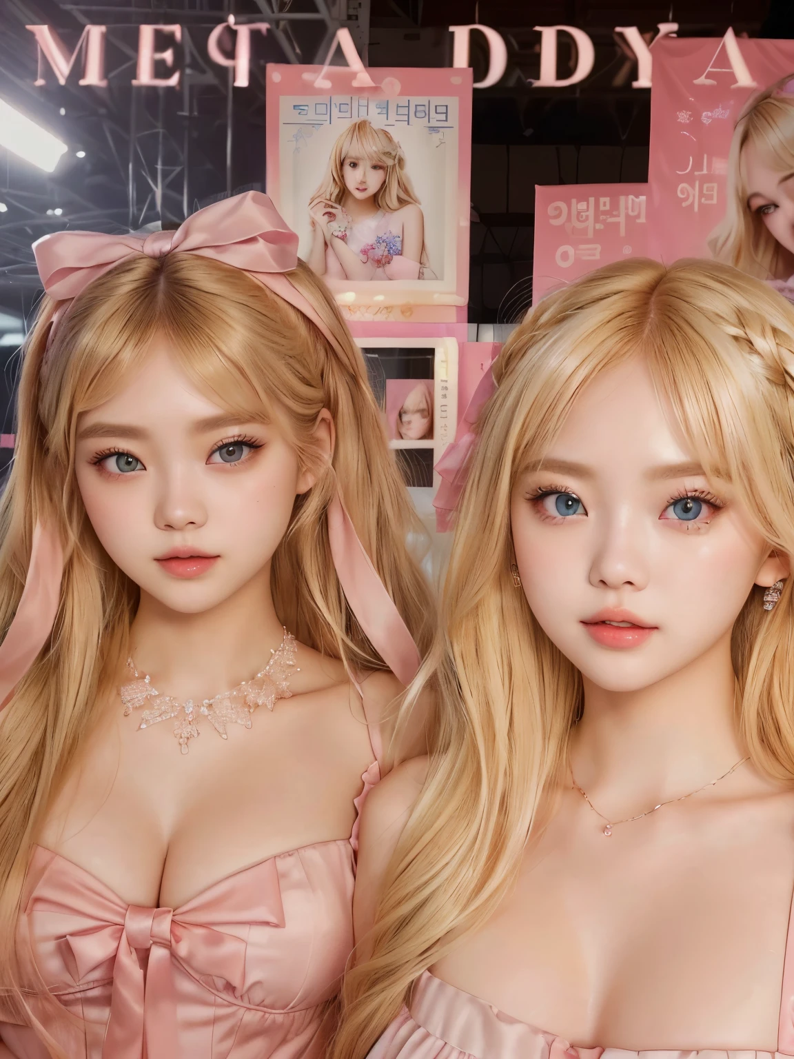 two young women in pink dresses posing for a photo, lalisa manobal, longos blonde hair and large eyes, beautiful Gemini twins, blonde hair and large eyes, ulzzang, popular south Korean makeup, beautiful Gemini twins portrait, fair and pale skin!!, nixeu e sakimichan, pale and glowing skin, long blonde hair and large eyes