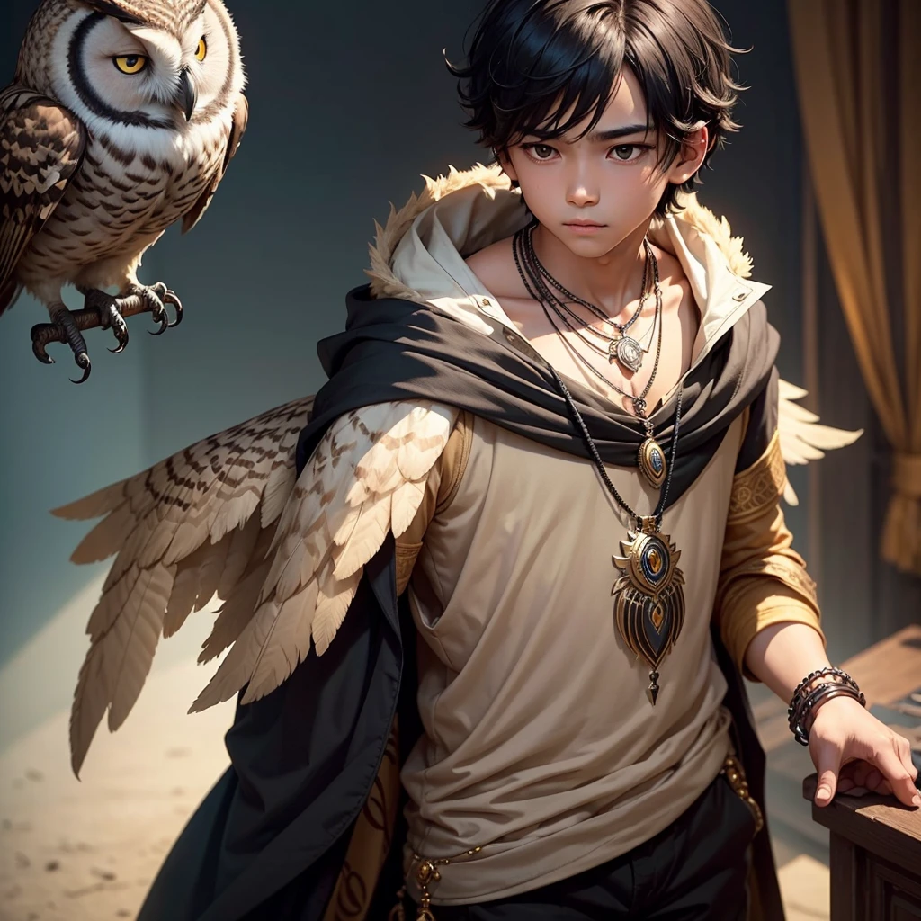 can you generate an image of boy wearing a attire with an owl in his shoulder then make him black and put a necklace with name Achi then put his background in library